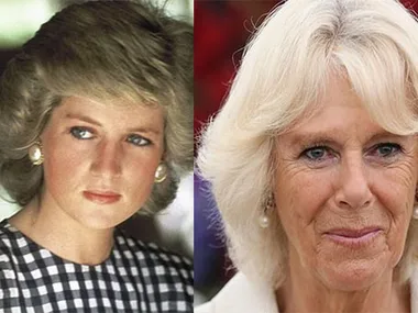 Two women with blonde hair and pearl earrings, one with a checkered top, the other in white.