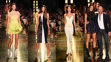 Models walk the runway in elegant dresses at the Alex Perry fashion show, with Alessandra Ambrosio posing with the designer.