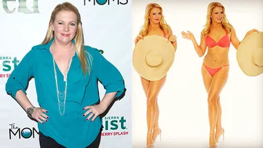 Person in a teal blouse on left; wearing a pink bikini, holding a sun hat on right, showing weight loss progress.