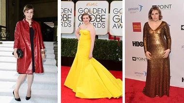 Lena Dunham in three outfits: red coat and dress, yellow gown at Golden Globes, and gold sequin dress at HBO event.