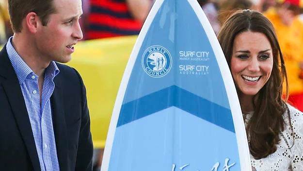 Prince William and Kate Middleton with surfboard Manly Sydney