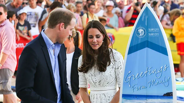 Prince William and Kate Middleton with surfboard Manly Sydney