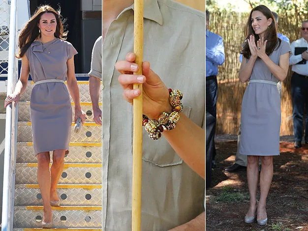"Three images of a woman in a grey dress: walking down steps, holding a stick, and clapping outdoors."