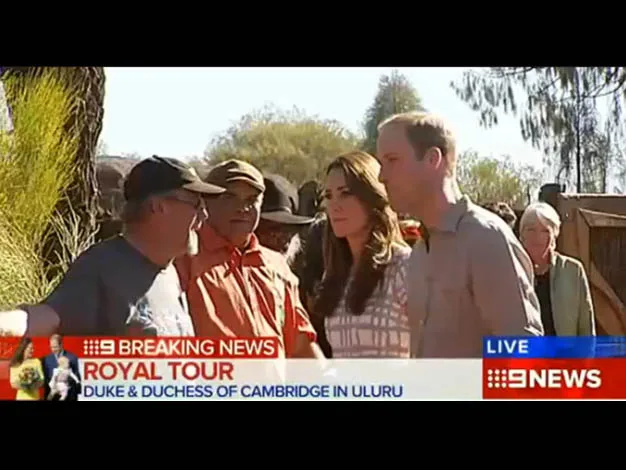 Royal tour: Duke and Duchess of Cambridge visiting Uluru, surrounded by locals, covered by 9 News.