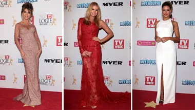 Three women in elegant gowns on the red carpet at the 2014 Logie Awards, posing for photos.
