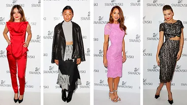 Women in elegant outfits posing at a Swarovski gala event.