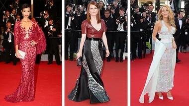 Celebrities in elegant gowns on Cannes Film Festival red carpet, posing for photographers.