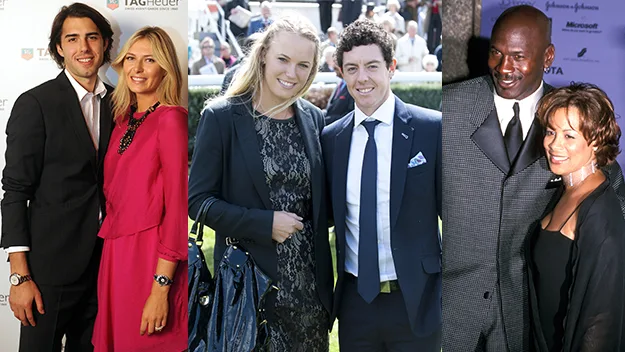 Three couples posing at different events, including red carpet and outdoor settings, wearing formal attire.