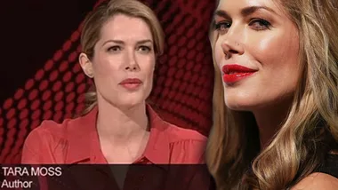 Two images of a woman with light brown hair and red lipstick, one speaking on a TV show labeled as an author.