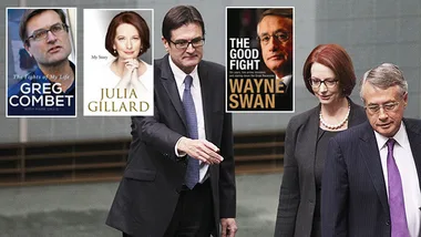 Three people walking in parliament hallway, overlaid with covers of memoirs by Greg Combet, Julia Gillard, and Wayne Swan.