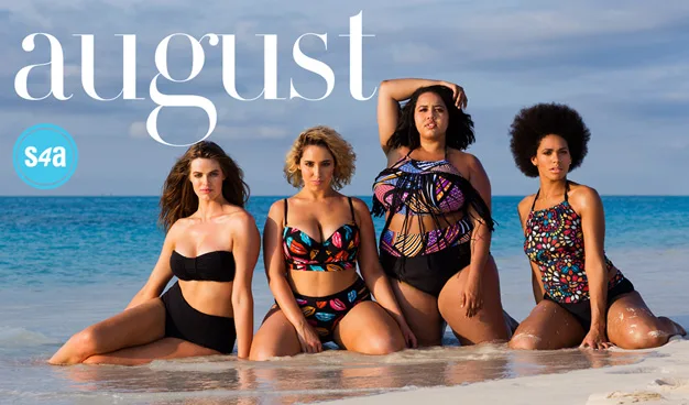 Four women in colorful swimsuits pose confidently on a beach with "August" written above them.