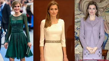 Royal figure in elegant green, white, and lavender outfits, showcasing varied fashion styles at formal events.