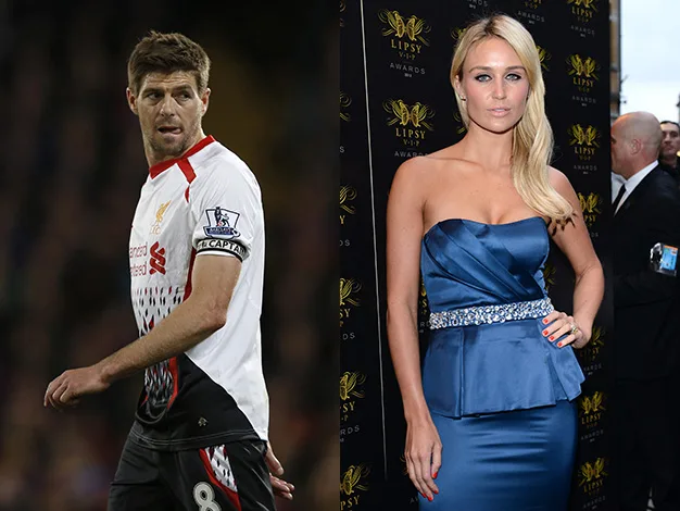 Liverpool football player in white jersey; woman in blue dress at Lipsey Awards red carpet event.