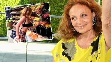 Diane von Furstenberg smiling in a yellow dress, with inset of a woman shopping in a grocery store aisle.
