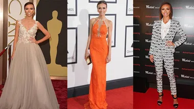 Giuliana Rancic in three different outfits: a white gown, an orange dress, and a geometric black and white suit.