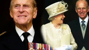 Portraits of two older adults dressed formally, one with military medals, the other in a hat, sharing a warm, smiling moment.