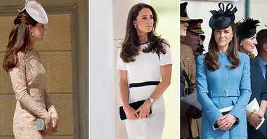 Three images of a woman in different elegant outfits: a lace dress, a white dress with a belt, and a blue coat with a hat.