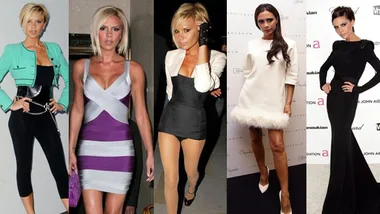 Victoria Beckham in various stylish outfits, showcasing her fashion evolution from vibrant colors to chic black and white ensembles.