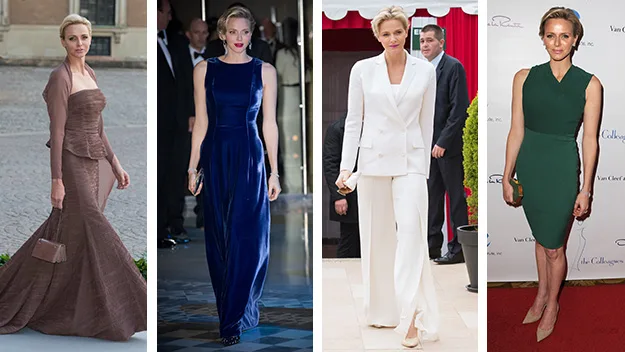 Four images of a woman in different stylish outfits: brown gown, blue velvet dress, white suit, and green dress.