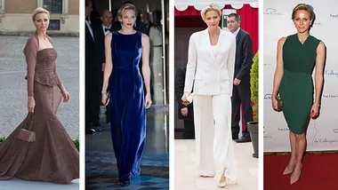 Four images of a woman in different stylish outfits: brown gown, blue velvet dress, white suit, and green dress.