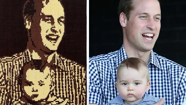 Portrait of Prince William holding Prince George in matching plaid shirts beside a LEGO artwork of the same image.