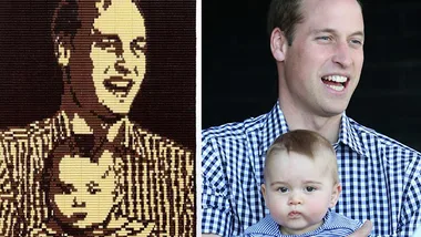 Portrait of Prince William holding Prince George in matching plaid shirts beside a LEGO artwork of the same image.