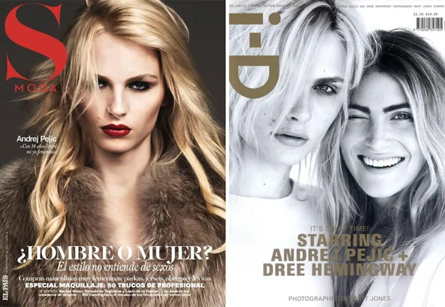 Two magazine covers featuring models with bold makeup and fashion poses. One cover features text in Spanish.