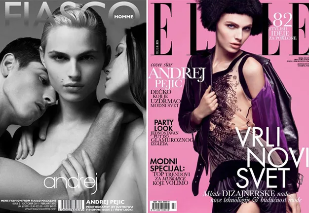 Androgynous model Andrej Pejić on Fiasco and Elle covers, showcasing fashion versatility.
