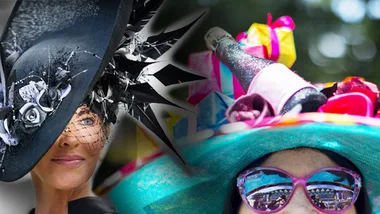 Women wearing extravagant and creative hats featuring bold designs, flowers, and a champagne bottle at Ascot.