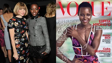 Lupita Nyong'o on her first Vogue cover, wearing a colorful dress, smiling, with text highlighting her breakout year.