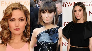 Rose Byrne in three different red carpet looks: wavy hair in pink dress, bob with bangs in sequin dress, sleek hair in black outfit.