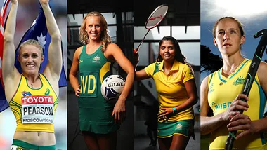 Australian female athletes from various sports, showcasing netball, badminton, and hockey in athletic poses.