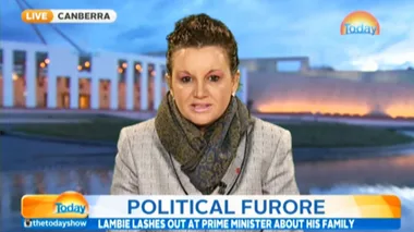 Jacqui Lambie speaking on Today Show about political issues, with Parliament House in Canberra in the background.