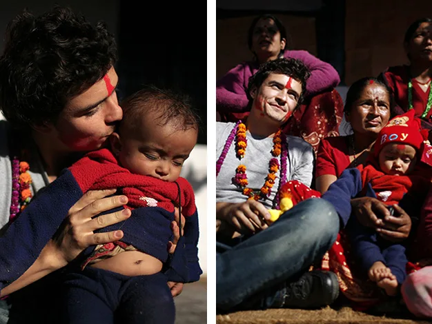 Group celebrating with color powder, flowers, and a baby in a red outfit. Two images side by side.
