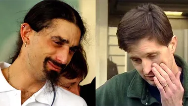 Men with somber expressions; one has long hair and a goatee, the other short hair, wiping a tear.