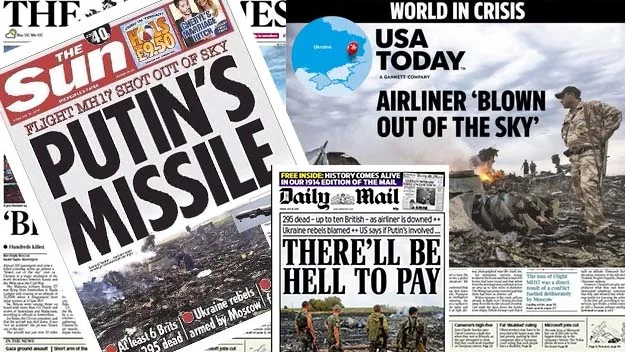 Front pages of newspapers reporting the MH17 crash, headlines blaming "Putin's Missile" and highlighting global crisis.