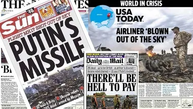 Front pages of newspapers reporting the MH17 crash, headlines blaming "Putin's Missile" and highlighting global crisis.