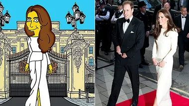 "Cartoon version of woman in white gown near palace gates; real-life couple in evening wear on red carpet."