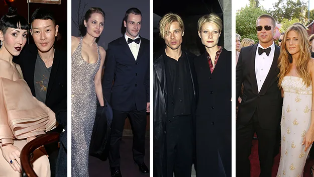 Celebrity couples on the red carpet, including pairs dressed in formal attire at various events.