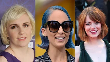 "Three celebrities with different hairstyles: blonde bob, blue hair with sunglasses, and auburn bob smiling."