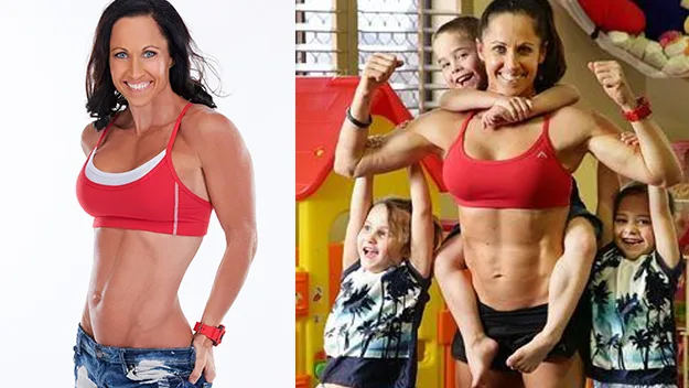 "Fit woman in a red sports bra, smiling; flexing with three kids on her arms, showcasing her toned physique."