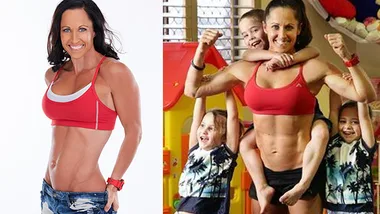 "Fit woman in a red sports bra, smiling; flexing with three kids on her arms, showcasing her toned physique."