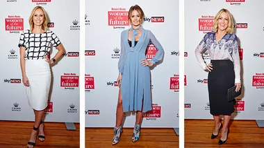 Three women pose at the Women of the Future event backdrop, each in different stylish outfits.
