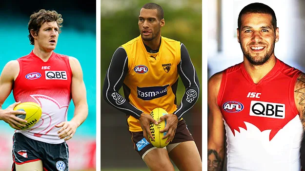 AFL players in team jerseys holding footballs during practice sessions.