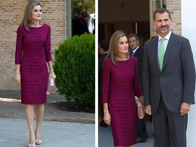Woman in a maroon dress poses outdoors; in another photo, she stands with a man in a suit.
