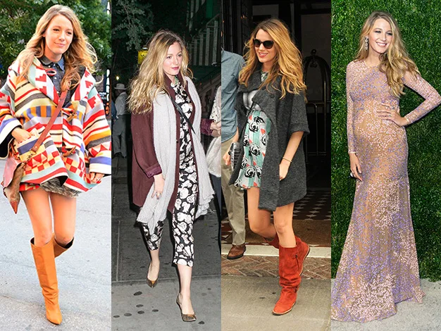 Four images of a woman in different stylish outfits, including casual and formal attire, posing confidently.