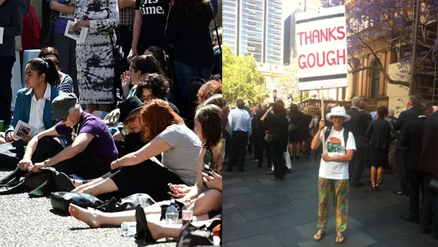 Crowds turn out to say goodbye and Alison Clark holds her "Thanks Gough" sign.