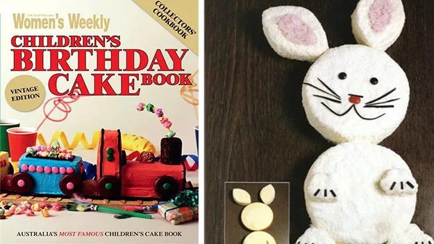 "Woman's Weekly Children's Birthday Cake Book cover featuring colorful train cakes, and a rabbit cake design."