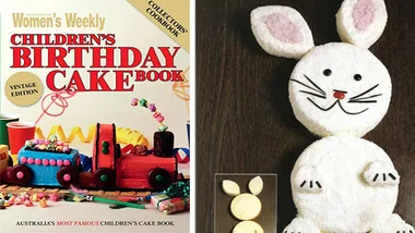 "Woman's Weekly Children's Birthday Cake Book cover featuring colorful train cakes, and a rabbit cake design."