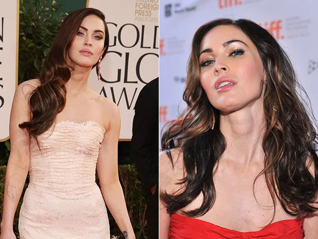 Two images of a woman with long dark hair, wearing a strapless dress at a formal event.